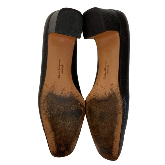 VTG 8.5B Ferragamo Croc Embossed Brown Leather Pumps 7891 Chunky Heel Career - Picture 7 of 12